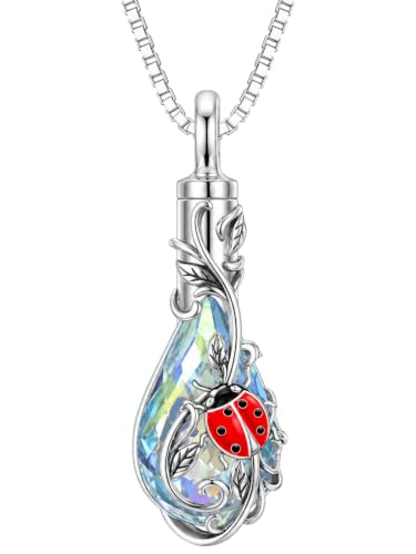 Urn Necklace for Ashes Butterfly/Dragonfly/Ladybug/Bee/Hummingbird Crystal Teardrop Ash Necklace Keepsake Pendant Cremation Jewelry Memorial Gift for Women With Funnel Filler - color: Ladybug