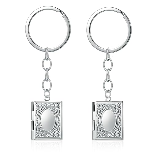 2PCS Elegant Heart Locket Keychain with Decorative Chain Stainless steel, Heart Pattern Design, Photo Frame Pendant - color: Book