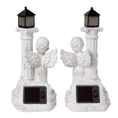 Angel Statues with Solar Lights, Outdoor Solar Angel Garden Statue with Roma Pillar, Resin Angel Ornament for Garden Decor Yard Wedding Home Decor Christian Religious Gift