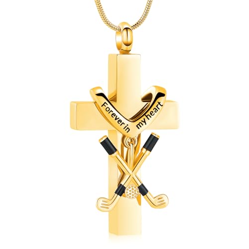 zeqingjw Cross Urn Necklace for Ashes for Men Women Stainless Steel Cremation Golf Clubs Jewelry Ashes Keepsake Memorial Pendant Ash Holder of Loved Ones - color: Gold
