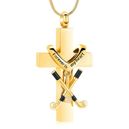 zeqingjw Cross Urn Necklace for Ashes for Men Women Stainless Steel Cremation Golf Clubs Jewelry Ashes Keepsake Memorial Pendant Ash Holder of Loved Ones - color: Gold