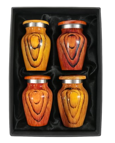 Wooden Print Mini urns for Human Ashes - Decorative Small Cremation Urn for Adult Male & Female - Keepsake Urns for Ashes for Cherished Memories with 4 Velvet Bags - (Set of 4)