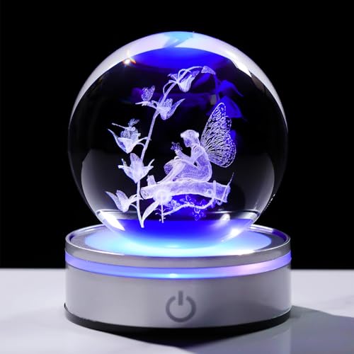 Arikyrist Crystal 3D Fairy Figurine 3.15in Ball Witchy Gifts for Women | Fairy Statue, Glass Witchy Sphere, for Fairy Lovers, with LED Light Base, Collectible Keepsakes, Room Home Decor - color: Fairy