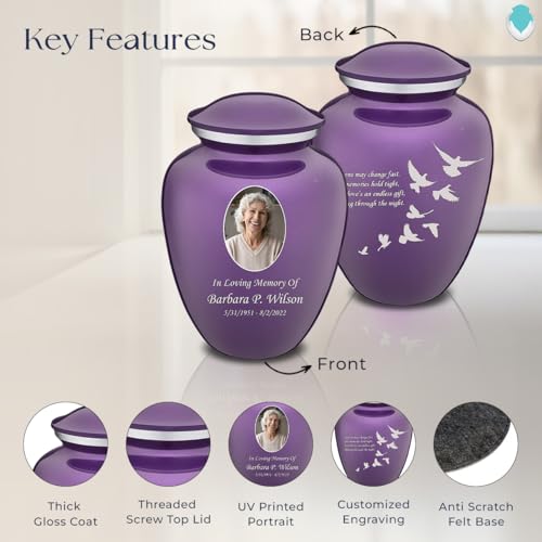 Embrace Adult Personalized Doves Cremation Urns for Human Ashes I Large Picture Purple Funeral Urn for Adult Men and Women with Double Side Engraving I 200 lbs - color: _Purple (Double Sided)