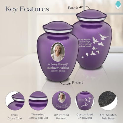 Embrace Adult Personalized Doves Cremation Urns for Human Ashes I Large Picture Purple Funeral Urn for Adult Men and Women with Double Side Engraving I 200 lbs - color: _Purple (Double Sided)