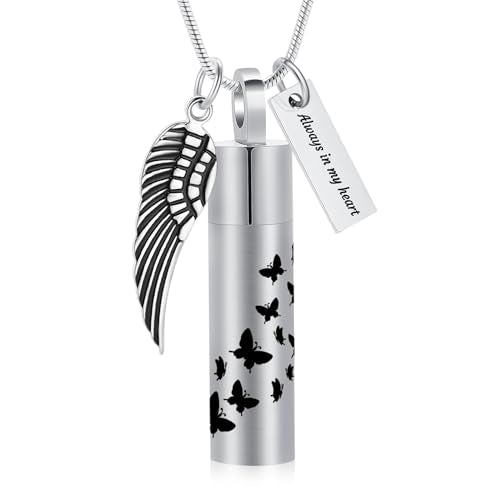 Hearbeingt Cylinder Cremation Jewelry Paw Print Urn Necklaces for Ashes | Stainless Steel,with Charm Wing,for Women Men,Memorial Necklace,Ash Pendant for Human Pet,Keepsake Jewelry,Gift,Fill Tool - color: Butterfly-Silver