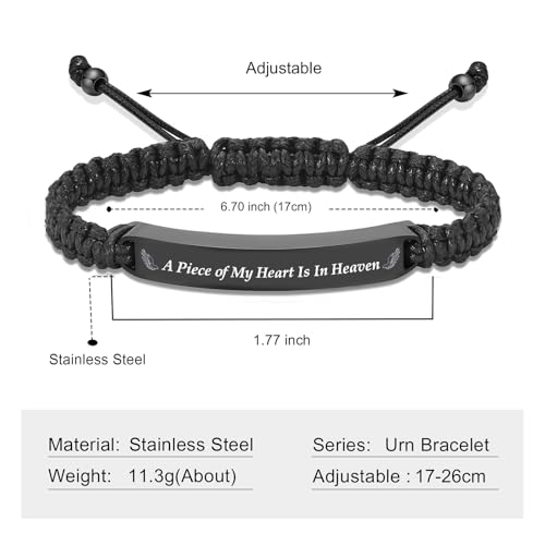 Imrsanl Cremation Jewelry Urn Bracelet for Ashes - Braided Adjustable Bracelet for Men Women - Manmade Urn Jewelry - color: Black-A Piece of My Heart Is In Heaven