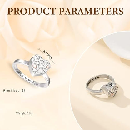 Cremation Jewelry Always in My Heart Heart Urn Ring for Girls Women, Memorial Ashes Keepsake Ring with Crystal Remembrance - color: Silver-Always-6#