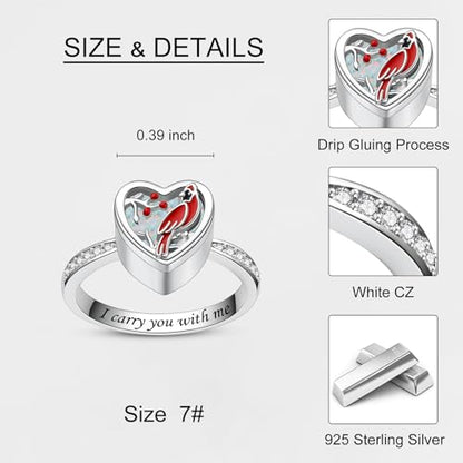 925 Sterling Silver Red Cardinal Urn Rings for Women Hold Loved Ones Ashes Memorial Ring Keepsake Cremation Jewelry for Ashes