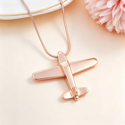 Airplane Ashes Necklace Aircraft Cremation Urn Necklace for Ashes Pendant Stainless Steel Keepsake Memorial Jewelry for Women Men - color: Rose gold