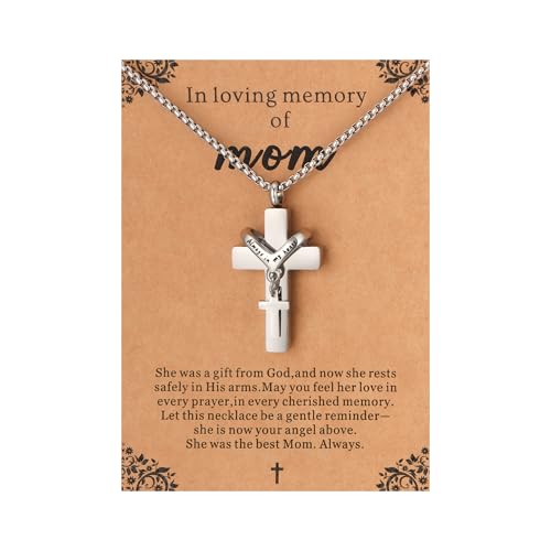 Cremation Cross Necklace for Ashes Cross Urns Locket Pendant Ashes Holder Stainless Steel Memorial Jewelry - style: Miss You Mom