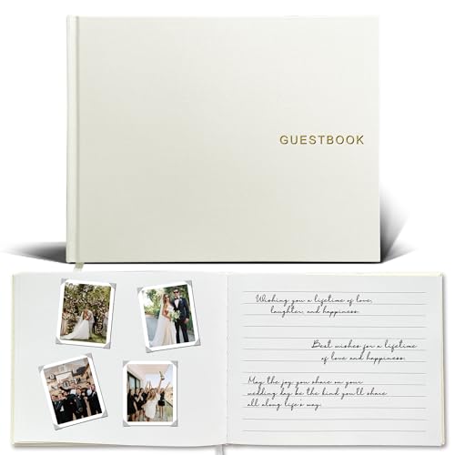 Wedding Guest Book – Guest Book for Receptions, Baby Showers & Celebrations | Milky White Linen Hardcover, Polaroid Guest Book with 100 Half Blank and Lined Pages for Signatures and Photos - color: A Milky White
