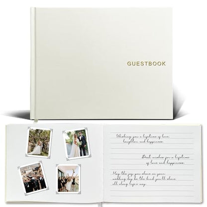 Wedding Guest Book – Guest Book for Receptions, Baby Showers & Celebrations | Milky White Linen Hardcover, Polaroid Guest Book with 100 Half Blank and Lined Pages for Signatures and Photos - color: A Milky White