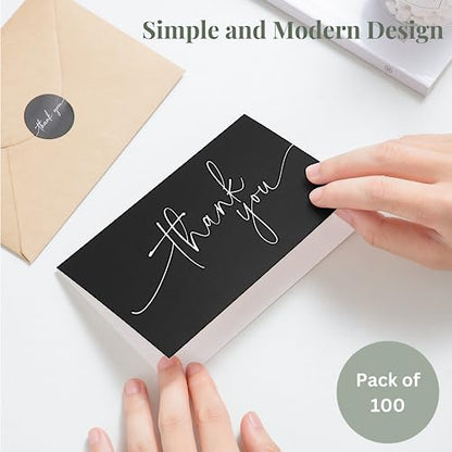 Thank You Cards with Envelopes - Bulk Pack of 100 Black Thank You Card | 4" x 6" Thank You Cards and Stickers, For Business, Baby Shower, Wedding, Small Business, Graduation, Bridal Shower, Funeral - color: Black