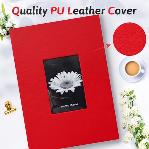 Popotop Photo Album 4x6 300 Photos with Writing Space, Leather Cover Album with Display Picture Window, Photo Book for Wedding Family Baby Gift - color: Red, size: 300 Pockets