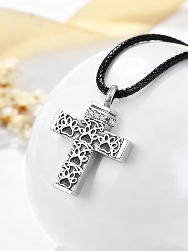 Dreamboat Pet Urn Necklace for Dog Cat Ashes 925 Sterling Silver Paw Print Cremation Keepsake Pendant Celtic Knot Memorial Jewelry Gifts for Women Men - style: 02A-Cross (Silver)