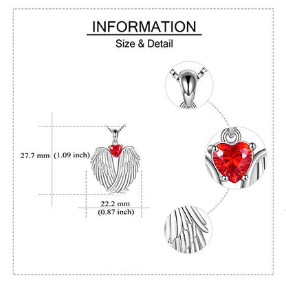 YFN Angel Wings Necklace 925 Sterling Silver Guardian Angel Wings Pendant Necklace Birthstone Necklace for Women Girls Christmas Jewelry Gifts - color: January-Red