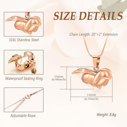Bunny Rabbit Urn Pendant Necklace - Stainless Steel Cremation Ashes Jewelry for Pets Keepsake Memorial Ashes Locket - color: Rosegold-A
