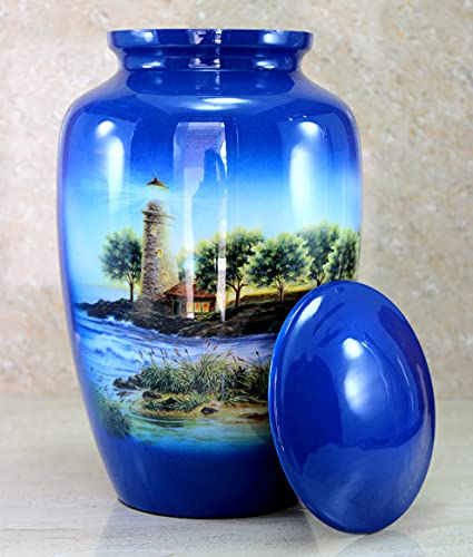 eSplanade Metal Lighthouse Printed Cremation Urn Memorial Jar Pot Container | Blue-Multi - 10" Inches