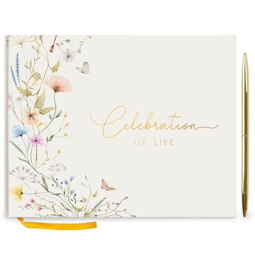 Funeral Guest Book for Memorial Service, Celebration of Life Guest Book | Book for Funeral with Pen Sign Table Card, Wild Floral Funeral Sign in Book for Guests, Memory Book for Funeral, 7 x 9 in - style: celebration of life