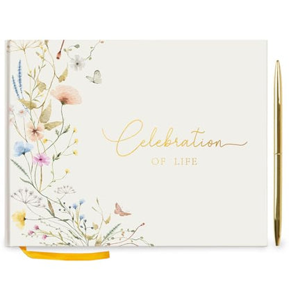 Funeral Guest Book for Memorial Service, Celebration of Life Guest Book | Book for Funeral with Pen Sign Table Card, Wild Floral Funeral Sign in Book for Guests, Memory Book for Funeral, 7 x 9 in - style: celebration of life