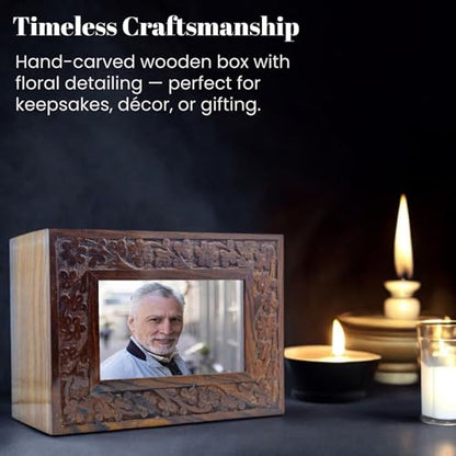 Rosewood Border Engraved Wooden Cremation Urns for Human Ashes Adult - Handcrafted Photo Funeral Memorial Ashes Urn - Columbarium Urn (250 Cubic Inches, Natural) - color: Natural