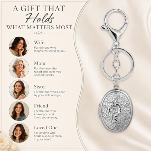 Photo Keychain for Women Silver Oval Locket Bag Charm Picture Holder Purse Accessory Memory Gift for Mom Wife