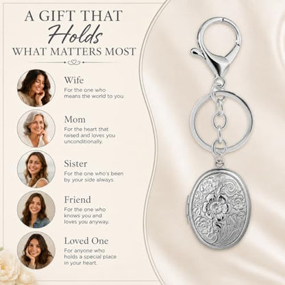 Photo Keychain for Women Silver Oval Locket Bag Charm Picture Holder Purse Accessory Memory Gift for Mom Wife
