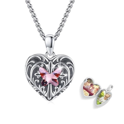 TUGHRA Mother's Day Gifts Gold Locket Necklaces for Women, 925 Sterling Silver Heart Photo Lockets Memorial Keepsake Jewelry Gift for Mom, Wife, Daughter - style: 2224-Light Pink
