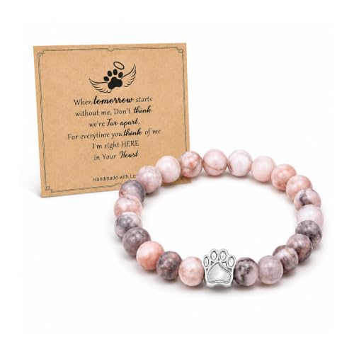 Pink Gray Stone Bead Pet Memorial Bracelet | Paw Print Charm | Dog Cat Loss Rainbow Bridge In Loving Memory Sympathy Gift | Keepsake Jewelry for Dog Mom Cat Mom with Sympathy Card
