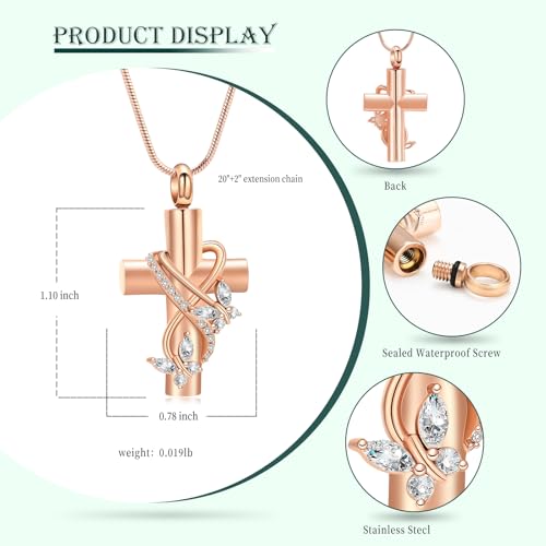 Butterfly Cross Cremation Jewelry Urn Necklaces Stainless Steel Cross Urn Necklaces for Ashes Memorial Keepsake Pendant for Women Gifts With Funnel Kit & Bag - color: Rose+White