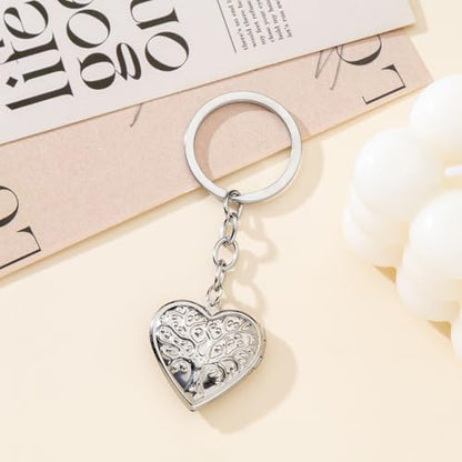 2PCS Elegant Heart Locket Keychain with Decorative Chain Stainless steel, Heart Pattern Design, Photo Frame Pendant - color: Heart-7