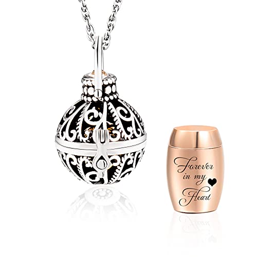 Cremation Urn Necklace with Inner Jar, Keepsake Locket Memorial Jewelry | Vintage Flower Locket, Rhinestone Accent, Mini Urn for Ashes, Hair, Sympathy Gift for Pet Loss, In Loving Memory of Loved One - color: Forever in my heart