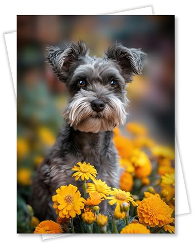 Schnauzer with Yellow Flowers All Occasions Greeting Card from Unique Dogs Party Delights Collection Large 5x7 Inch Blank Inside with Envelope | 5x7 Inch Card, Blank Inside, Premium Silk Cardstock, Made in USA by USA-Based Pet Friendly Small Business, by