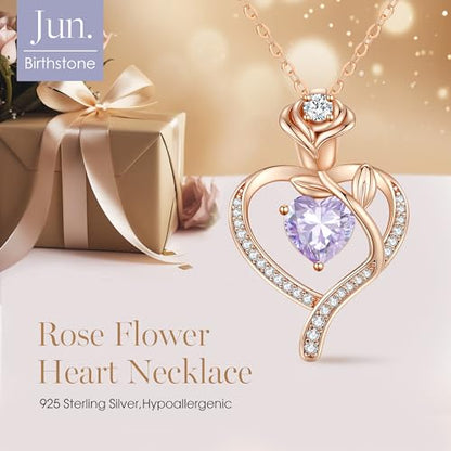 925 Sterling Silver Rose Love Heart Birthstone Necklaces for Women Jewelry | Hypoallergenic Nickel-Free & Lead-Free Pendant,Birthday Anniversary Christmas Gift for Women Wife Mom Girlfriend - color: Rose Gold-06-Jun