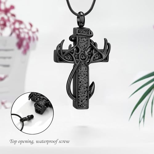 zeqingjw Cross Urn Necklace Fish Hook Cremation Jewelry for Ashes Pendant Stainless Steel Deer Antler Cross Memorial Human Pet Keepsake Ashes Holder for Men Women - color: Black
