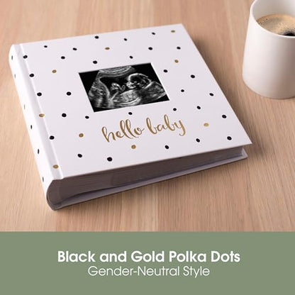 Pearhead Hello Baby Photo Album, Keepsake Book for New and Expecting Parents, Gender-Neutral Baby Accessory, Ideal Gift for Baby Shower, Holds 200 Pictures, Black and Gold Polka Dot | Holds 200 4x6" Pictures with Space for Notes, Memory Keepsake Book for