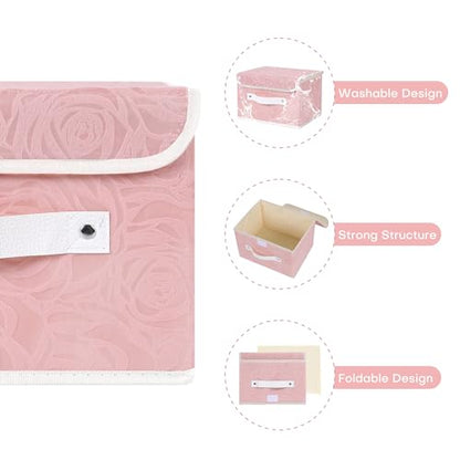 ANMINY Fabric Storage Box Bins with Lids, Rose Print, Pink, 4PCS Medium | Keepsake Memory Storage, Nonwoven Fabric, PP Board Frame, Washable, PU Handles, Foldable Stackable, Decorative, 13"x9"x7.9" - size: Medium (Pack of 4)