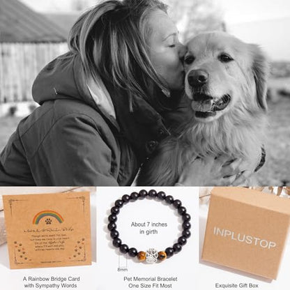 Dog Memorial Gifts - Pet Loss Sympathy Gift, Dog Passing Away Remembrance Bracelet for Men & Women - color: Black Onyx & Tiger Eye