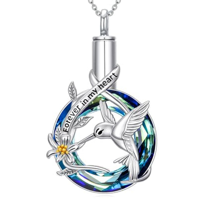 Urn Necklace for Women Sterling Silver Meaningful Memorial Jewelry | Paw Print/Butterfly/Dragonfly/Bird/Dolphin/Mountain/Tree of Life Urn Necklace for Ashes Cremation Keepsake Jewelry for Women - style: Crystal-Hummingbird