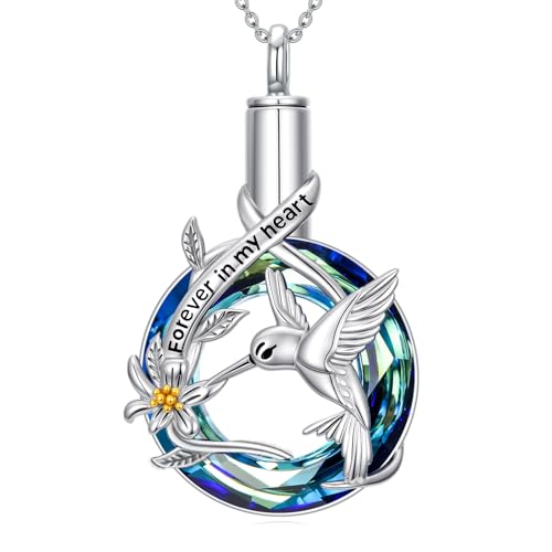 Urn Necklace for Women Sterling Silver Meaningful Memorial Jewelry | Paw Print/Butterfly/Dragonfly/Bird/Dolphin/Mountain/Tree of Life Urn Necklace for Ashes Cremation Keepsake Jewelry for Women - style: Crystal-Hummingbird