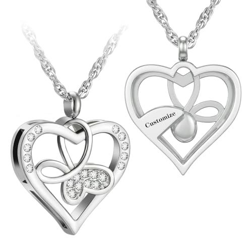 XIUDA Cremation Urn Necklace for Ashes with Crystal Butterfly Urn Jewelry Stainless Steel Memorial Keepsake Urn Pendant for Women - color: Butterfly-Heart-Silver-Custom