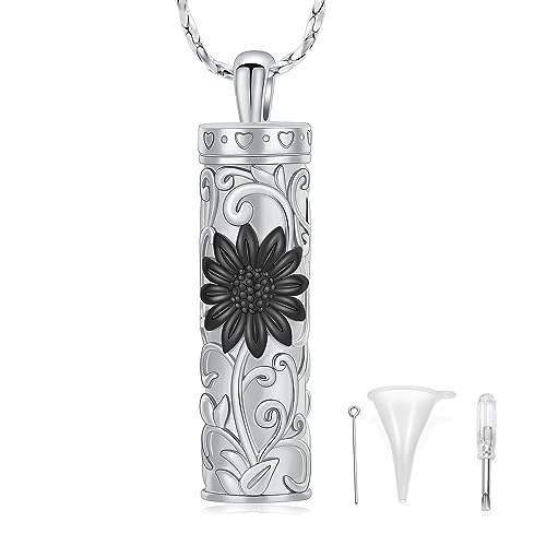 Sunflower Urn Necklace for Ashes Cylinder Bar Necklace for Ashes for Women Pendant Keepsake for Ashes Memory Cremation Jewelry Sunflower Celtic Necklace Jewelry for Women - color: Silver-black