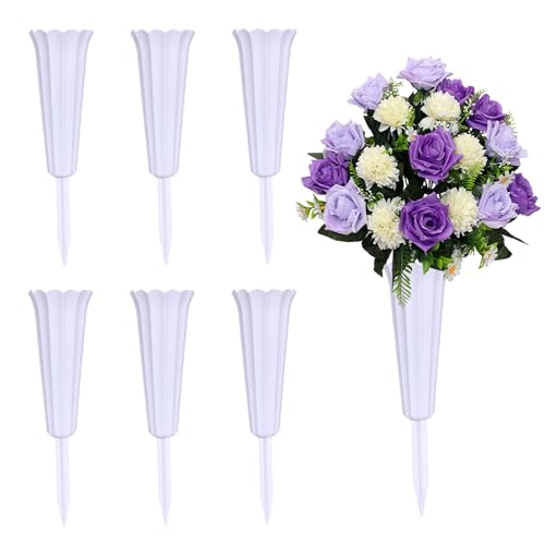 Memorial Floral Vases, Cemetery Vase, Headstones Flower Holder, Plastic Cemetery Vases with Ground Spikes – Memorial Flower Holders for Graves, Headstones & Outdoor Decor (6, White) - color: White