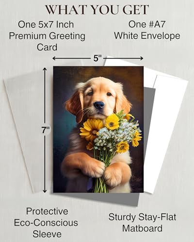 Golden Retriever with Flowers All Occasions Greeting Card - Dog with Flowers from Unique Dogs Party Delights Collection - Large 5x7 Inch - Blank Inside with White Envelope - color: Golden Retriever with Flowers