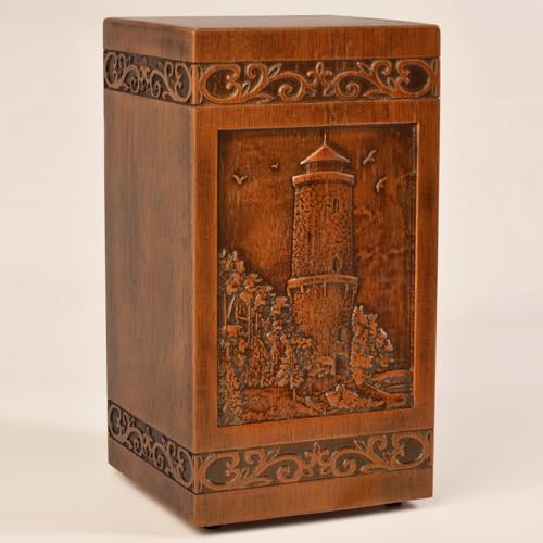 KIMNAG Wooden Cremation Urn for Human Wood Ashes Decorative box Funeral Urns for Adult Male Female with Satin Bag Burial or Memorial Keepsake (Lighthouse (XL) 250lbs)