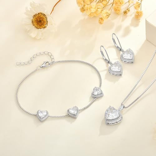 925 Sterling Silver Halo Heart Necklace for Women | Lwsary Love Heart Necklace, Heart Cut Birthstone Jewelry for Her - color: Clear White
