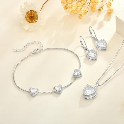 925 Sterling Silver Halo Heart Necklace for Women | Lwsary Love Heart Necklace, Heart Cut Birthstone Jewelry for Her - color: Clear White