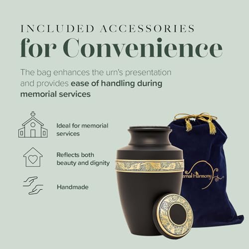 Eternal Harmony Large Urn for Ashes, Adult Male & Female Cremation Urn for Human Ashes with Elegant Finishes, Secure Seal & Velvet Bag, Funeral Urn for Women & Men Up to 200 lbs, 7”x11” (Black)