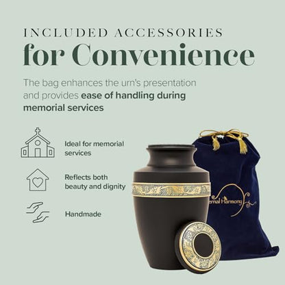 Eternal Harmony Large Urn for Ashes, Adult Male & Female Cremation Urn for Human Ashes with Elegant Finishes, Secure Seal & Velvet Bag, Funeral Urn for Women & Men Up to 200 lbs, 7”x11” (Black)
